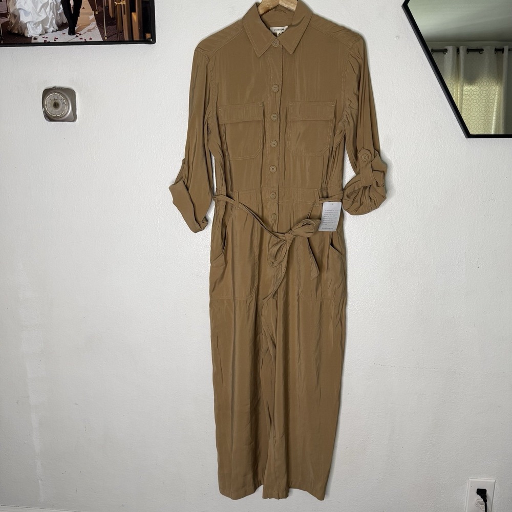 New Max‎ Studio Khaki Roll Tab Sleeve Waist Tie Jumpsuit Women's Medium